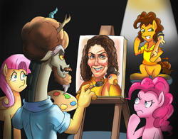 Size: 600x470 | Tagged: safe, artist:tzc, derpibooru import, boneless, cheese sandwich, discord, fluttershy, pinkie pie, draconequus, earth pony, human, pegasus, pony, bob ross, draconiross, painting, voice actor joke, weird al yankovic