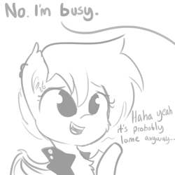 Size: 1280x1280 | Tagged: safe, artist:tjpones, oc, oc only, oc:super rad bat gal, bat pony, pony, chest fluff, clothes, dialogue, ear fluff, ear piercing, earring, fangs, grayscale, jacket, jewelry, leather jacket, monochrome, offscreen character, open mouth, piercing, simple background, smiling, solo, spread wings, tongue piercing, white background