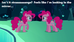 Size: 1280x720 | Tagged: safe, derpibooru import, edit, edited screencap, screencap, pinkie pie, earth pony, pony, season 3, too many pinkie pies, cave, cave pool, clone, i think i'm a clone now, mirror pool, pinkie clone, song reference, text, weird al yankovic