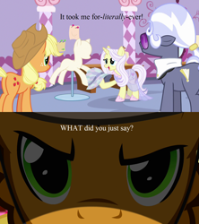 Size: 1280x1440 | Tagged: safe, derpibooru import, edit, edited screencap, screencap, applejack, cheese sandwich, hoity toity, lily lace, earth pony, pony, honest apple, pinkie pride, carousel boutique, mandatory fun, mannequin, plot, song reference, text, voice actor joke, weird al yankovic, word crimes