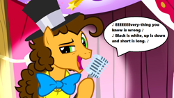 Size: 1280x720 | Tagged: safe, edit, edited screencap, screencap, cheese sandwich, pinkie pride, season 4, bowtie, curtain, everything you know is wrong, hat, lyrics, microphone, music notes, singing, solo, song reference, speech bubble, stage, top hat, voice actor joke, weird al yankovic