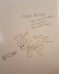 Size: 2988x3735 | Tagged: safe, boneless, cheese sandwich, crossover, milo murphy, milo murphy's law, paper, pencil, pencil drawing, traditional art, voice actor joke, weird al yankovic