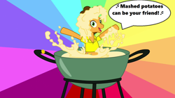 Size: 1280x720 | Tagged: safe, edit, edited screencap, screencap, cheese sandwich, pinkie pride, season 4, dare to be stupid, fondue, music notes, pot, rainbow background, singing, solo, song reference, speech bubble, text, weird al yankovic