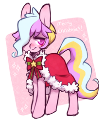 Size: 664x767 | Tagged: safe, artist:paichitaron, oc, oc only, oc:cutie tights, earth pony, pony, blushing, bow, cape, christmas, clothes, crossdressing, hearth's warming, male, ribbon, solo