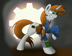 Size: 1344x1058 | Tagged: safe, artist:steam-loco, oc, oc only, oc:littlepip, pony, unicorn, fallout equestria, clothes, cutie mark, fanfic, fanfic art, female, gun, handgun, hooves, horn, little macintosh, mare, optical sight, pipbuck, raised hoof, revolver, saddle bag, solo, stable door background, teeth, vault suit, weapon