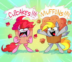 Size: 1000x860 | Tagged: safe, artist:vdru7, derpy hooves, pinkie pie, pony, bipedal, clothes, costume, cupcake, cupcakes vs muffins, dialogue, faic, food, muffin, open mouth, yelling