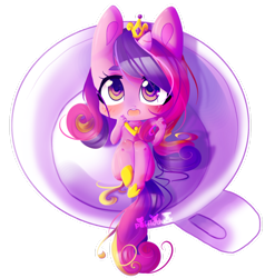 Size: 872x915 | Tagged: safe, artist:puffleduck, princess cadance, anthro, :o, blushing, cup of pony, cute, looking at you, looking up, micro, on back, teacup, tiny ponies