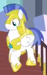 Size: 173x273 | Tagged: safe, screencap, pegasus, pony, sparkle's seven, animation error, cropped, fat, male, royal guard, royal guard armor, solo, staircase, stairs, stallion