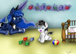 Size: 1510x1080 | Tagged: safe, artist:nyunimu, princess luna, oc, oc:fluffle puff, alicorn, pony, duo, filly, rainbow