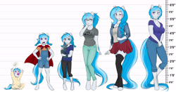 Size: 6308x3300 | Tagged: safe, artist:askbubblelee, oc, oc only, oc:bubble lee, oc:imago, anthro, cat, unguligrade anthro, unicorn, absurd resolution, age progression, annoyed, anthro oc, baby, baby pony, blue eyes, braid, breasts, cape, cleavage, clothes, crying, cute, female, filly, foal, footed sleeper, foreshadowing, freckles, gap teeth, glasses, hand on hip, heart, hnnng, jewelry, line-up, long hair, long tail, looking at you, looking away, looking up, mare, necklace, ocbetes, one eye closed, open, pacifier, pajamas, pants, pet, pigtails, pleated skirt, shirt, short hair, skirt, socks, stockings, teary eyes, thigh highs, unamused, upsies, wingding eyes, wink, younger, zettai ryouiki