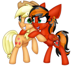 Size: 5423x5000 | Tagged: safe, artist:partylikeanartist, applejack, oc, oc:gracie heart, earth pony, pegasus, pony, absurd resolution, awkward, awkward smile, bipedal, cowboy hat, ear piercing, earring, freckles, grin, hat, heart eyes, hug, jewelry, patreon, piercing, ponytail, simple background, smiling, stetson, transparent background, two toned wings, wingding eyes