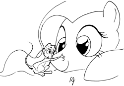 Size: 2957x2045 | Tagged: safe, artist:arrjaysketch, fluttershy, mouse, pegasus, pony, black and white, crossover, cute, don bluth, duo, female, grayscale, high res, hug, mare, micro, monochrome, mrs. brisby, rodent, shyabetes, simple background, the secret of nimh, white background