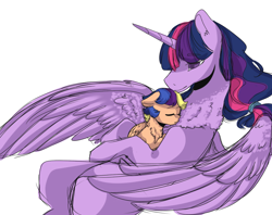 Size: 1050x830 | Tagged: safe, artist:yuyusunshine, twilight sparkle, twilight sparkle (alicorn), oc, oc:starrez, alicorn, pegasus, pony, chest fluff, female, filly, mama twilight, mother and child, mother and daughter, offspring, parent and child, parent:flash sentry, parent:twilight sparkle, parents:flashlight, simple background, sleeping, white background