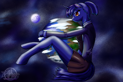 Size: 3000x2000 | Tagged: safe, artist:artistafrustrado, oc, oc only, anthro, unguligrade anthro, unicorn, bedroom eyes, clothes, colored, commission, earth, giant anthro, giant pony, giantess, hug, macro, moon, planet, pony bigger than a planet, skirt, the giant unname unicorn