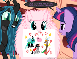 Size: 650x500 | Tagged: safe, derpibooru import, discord, king sombra, queen chrysalis, twilight sparkle, oc, oc:fluffle puff, changeling, changeling queen, pony, unicorn, cute, cutealis, tumblr:ask fluffle puff