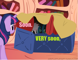 Size: 651x502 | Tagged: safe, artist:mixermike622, derpibooru import, edit, queen chrysalis, twilight sparkle, oc, oc:fluffle puff, changeling, changeling queen, evil planning in progress, fort, meme, pillow, pillow fort, soon, text edit, very soon