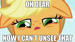 Size: 1080x604 | Tagged: safe, edit, edited screencap, screencap, applejack, earth pony, pony, applebuck season, cannot unsee, floppy ears, hat, meme, reaction image, solo, wat