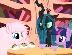 Size: 650x500 | Tagged: safe, artist:mixermike622, derpibooru import, queen chrysalis, twilight sparkle, oc, oc:fluffle puff, changeling, changeling queen, burger, hamburger, tea, teacup, tumblr:ask fluffle puff