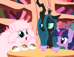 Size: 650x500 | Tagged: safe, artist:mixermike622, derpibooru import, queen chrysalis, twilight sparkle, oc, oc:fluffle puff, changeling, changeling queen, burger, hamburger, tea, teacup, tumblr:ask fluffle puff