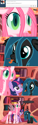 Size: 650x2125 | Tagged: safe, artist:mixermike622, derpibooru import, queen chrysalis, twilight sparkle, twilight sparkle (alicorn), oc, oc:fluffle puff, alicorn, changeling, changeling queen, pony, :p, comic, confused, female, fluffy, hissing, mare, palette swap, role reversal, smiling, tongue out, tumblr, tumblr:ask fluffle puff