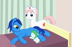 Size: 1878x1250 | Tagged: safe, artist:jezendar, nurse redheart, oc, pony, baby, baby pony, bed, breastfeeding, cute, eyes closed, floppy ears, foal, lying, lying down, messy mane, newborn, nonsexual nursing, nursing, on side, smiling, suckling