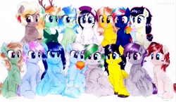Size: 4003x2322 | Tagged: safe, artist:liaaqila, oc, oc only, oc:centreus feathers, oc:chilly willy, oc:cinderheart, oc:cirrus updraft, oc:cottonwood kindle, oc:midnight blossom, oc:mobian, oc:reia hope, oc:rory gigabyte, oc:sea fluff, oc:sunnie bun, oc:sweet mocha, oc:varah bubble, oc:windy whirls, oc:withania nightshade, bat pony, deer, deer pony, earth pony, original species, pegasus, plant pony, pony, unicorn, :i, :p, adorafatty, beanie, belly, belly button, c:, cheek fluff, chest fluff, chubby, chubby cheeks, clothes, colored pupils, cute, ear fluff, eating, fat, feather, feather in hair, female, fluffy, food, freckles, glasses, grin, group photo, hat, high res, hoof fluff, hoof hold, hoof on shoulder, hug, leg fluff, licking, looking at you, male, mare, messy eating, milkshake, neck fluff, ocbetes, one eye closed, open mouth, pancakes, pregnant, puffy cheeks, raised eyebrow, scarf, simple background, smiling, smirk, squee, stallion, tongue out, traditional art, underhoof, unshorn fetlocks, wall of tags, white background, wing fluff, wink