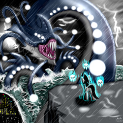 Size: 1280x1280 | Tagged: safe, artist:paulpeopless, oc, oc only, oc:paulpeoples, pony, big, epic, fight, kraken, macro, magic, monster, necromancer, necromancy, rain, sea monster, skull