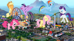 Size: 1024x576 | Tagged: safe, artist:auskeldeo, applejack, fluttershy, pinkie pie, rainbow dash, rarity, twilight sparkle, twilight sparkle (alicorn), alicorn, earth pony, pony, amusement park, female, giant pony, giantess, irl, macro, mane six, mare, photo, ponies in real life