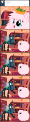 Size: 660x2660 | Tagged: safe, artist:mixermike622, derpibooru import, queen chrysalis, oc, oc:fluffle puff, changeling, changeling queen, bravest warriors, comic, crossover, golden oaks library, reference, screw gravity, sugar peas, tumblr, tumblr:ask fluffle puff