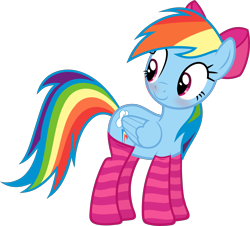 Size: 6000x5421 | Tagged: safe, artist:slb94, rainbow dash, pegasus, pony, absurd resolution, blushing, bow, c:, clothes, cute, dashabetes, female, girly, hair bow, looking back, mare, simple background, smiling, socks, solo, striped socks, tomboy taming, transparent background, vector