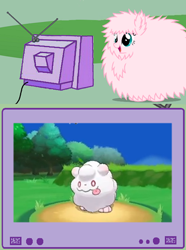 Size: 368x494 | Tagged: safe, oc, oc:fluffle puff, cotton candy, exploitable meme, fluffy, food, meme, obligatory pony, pokémon, pokémon x and y, swirlix, tv meme