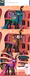 Size: 650x1621 | Tagged: safe, artist:mixermike622, derpibooru import, queen chrysalis, oc, oc:fluffle puff, changeling, changeling queen, golden oaks library, hue slider, tumblr, tumblr:ask fluffle puff