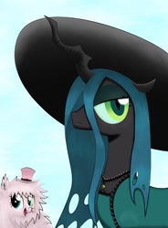 Size: 1080x1470 | Tagged: safe, artist:gennbu, derpibooru import, queen chrysalis, oc, oc:fluffle puff, changeling, changeling queen, derpibooru, hat, monocle, moustache, necklace, top hat, warfstache