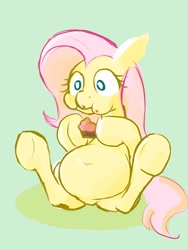 Size: 410x546 | Tagged: safe, artist:noupu, fluttershy, pegasus, pony, belly, belly button, big belly, chubby, eating, fat, fattershy, female, food, mare, pie, simple background, solo, underhoof