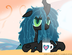 Size: 650x500 | Tagged: safe, artist:mixermike622, derpibooru import, queen chrysalis, oc, oc:fluffle puff, changeling, changeling queen, bed mane, coffee, derpibooru, solo