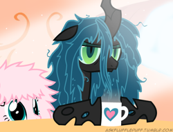 Size: 650x500 | Tagged: safe, artist:mixermike622, derpibooru import, queen chrysalis, oc, oc:fluffle puff, changeling, changeling queen, bed mane, coffee, derpibooru