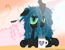 Size: 650x500 | Tagged: safe, artist:mixermike622, derpibooru import, queen chrysalis, oc, oc:fluffle puff, changeling, changeling queen, bed mane, coffee, derpibooru, pomf