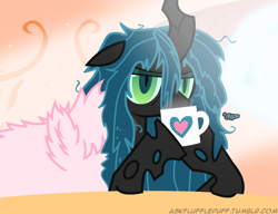 Size: 650x500 | Tagged: safe, artist:mixermike622, derpibooru import, queen chrysalis, oc, oc:fluffle puff, changeling, changeling queen, bed mane, coffee, derpibooru