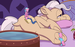 Size: 2200x1400 | Tagged: safe, artist:goat train, aloe, lotus blossom, mayor mare, earth pony, pony, dock, giant pony, giant/macro earth pony, giant/macro mayor mare, hoof fetish, hoof massage, hooves, macro, massage, plot, relaxing, size difference, spa, spa twins, underhoof