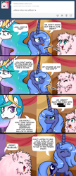 Size: 649x1500 | Tagged: safe, artist:pijinpyon, princess celestia, princess luna, oc, oc:fluffle puff, alicorn, pony, ask, ask little luna, comic, s1 luna, tumblr, tumblr crossover