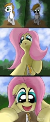 Size: 575x1390 | Tagged: safe, artist:made-in-donuts, fluttershy, oc, oc:vanilla, pegasus, pony, forest, giantess, macro, offscreen character, pov