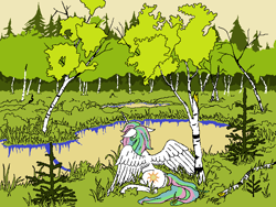 Size: 640x480 | Tagged: safe, artist:pyrosomida, princess celestia, alicorn, pony, birch, ms paint, pond, sitting, solo, spread wings, swamp, water