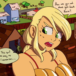 Size: 700x700 | Tagged: safe, artist:goat train, applejack, oc, oc:anon, human, equestria girls, clothes, dress, giantess, hairdresser, house, humanized, macro, ponytail