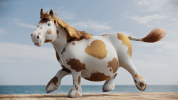 Size: 3840x2160 | Tagged: safe, artist:kiedough, oc, oc:kie dough, horse, hybrid, 3d, belly, big belly, blender cycles, chubby, cow tail, fat, fluffy, high res, ocean, realistic, realistic anatomy, realistic horse legs, running, tongue out, tubby, unshorn fetlocks