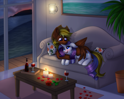 Size: 8000x6400 | Tagged: safe, artist:confetticakez, rarity, oc, pegasus, pony, unicorn, absurd resolution, blushing, candle, canon x oc, floppy ears, flower, hat, hug, ocean, rose, rose petals, shipping, snuggling, sofa, table, twilight (astronomy), water, wine bottle, wine glass, winghug