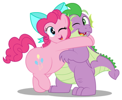 Size: 2000x1640 | Tagged: safe, artist:aleximusprime, pinkie pie, spike, dragon, earth pony, pony, bow, chubbie pie, chubby, chubby spike, cuddly, cute, diabetes, fat, fat spike, female, hug, huggable, male, mare, older, older pinkie pie, older spike, one eye closed, plump, pudgy pie, winged spike, wink