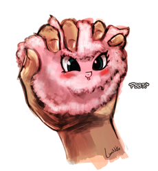 Size: 608x662 | Tagged: safe, artist:lumineko, oc, oc only, oc:fluffle puff, human, :p, blushing, cute, hand, in goliath's palm, micro, smiling, stress ball, tongue out, weapons-grade cute