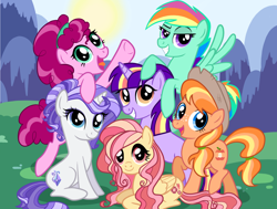 Size: 2016x1526 | Tagged: safe, artist:thecheeseburger, oc, oc only, oc:honeycrisp jo, oc:radiance, oc:rosie tart, oc:spectrum rush, oc:sundown twinkle, oc:tremblechary, earth pony, pegasus, pony, unicorn, alternate mane six, alternate universe, female, mane six opening poses, mare