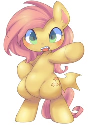 Size: 848x1200 | Tagged: safe, artist:mosamosa_n, fluttershy, bat pony, pony, bipedal, butt wings, flutterbat, looking at you, race swap, simple background, solo, white background