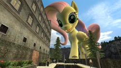 Size: 1366x768 | Tagged: safe, artist:auskeldeo, fluttershy, pegasus, pony, 3d, giant pony, giantess, macro, people, source filmmaker